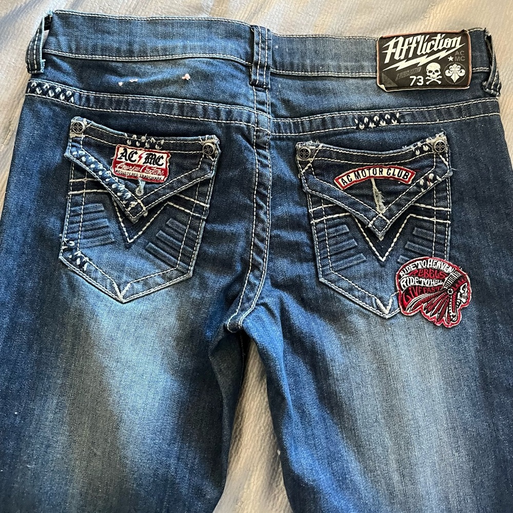 Affliction Blue Denim Jeans with Rips and Patches